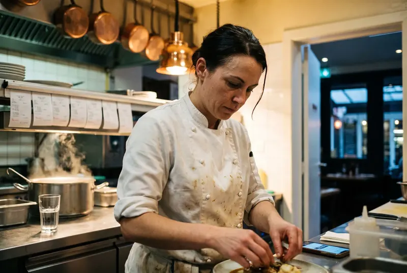 Chef-kok aan het werk in een drukke keuken, haar telefoon ligt oplichtend op het aanrecht