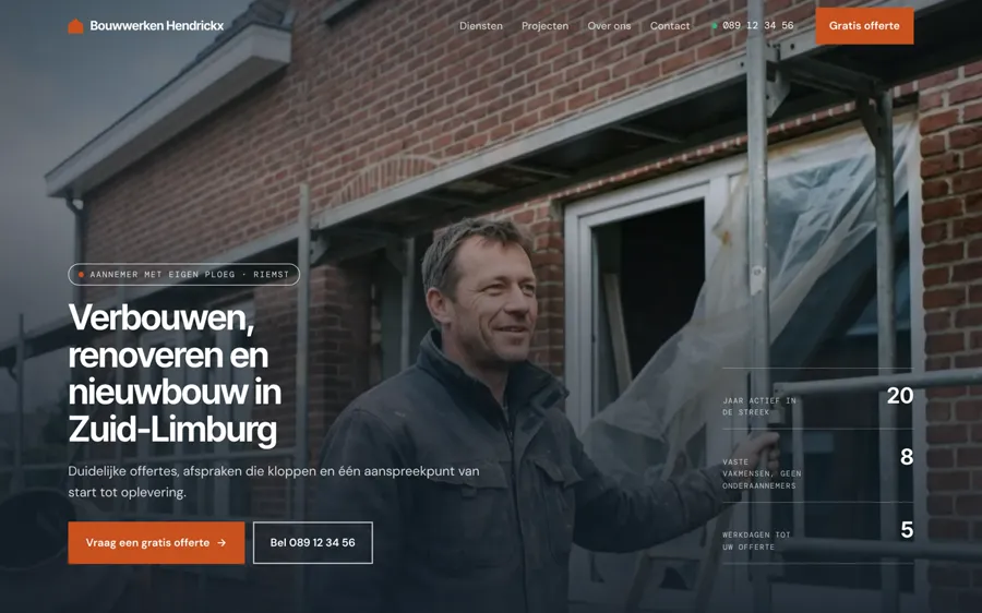 Voorbeeldsite voor een fictieve aannemer, gemaakt door Novo Digitaal