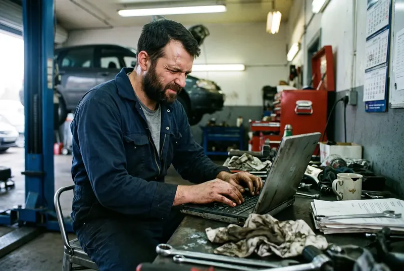 Garagehouder werkt op zijn laptop in de werkplaats