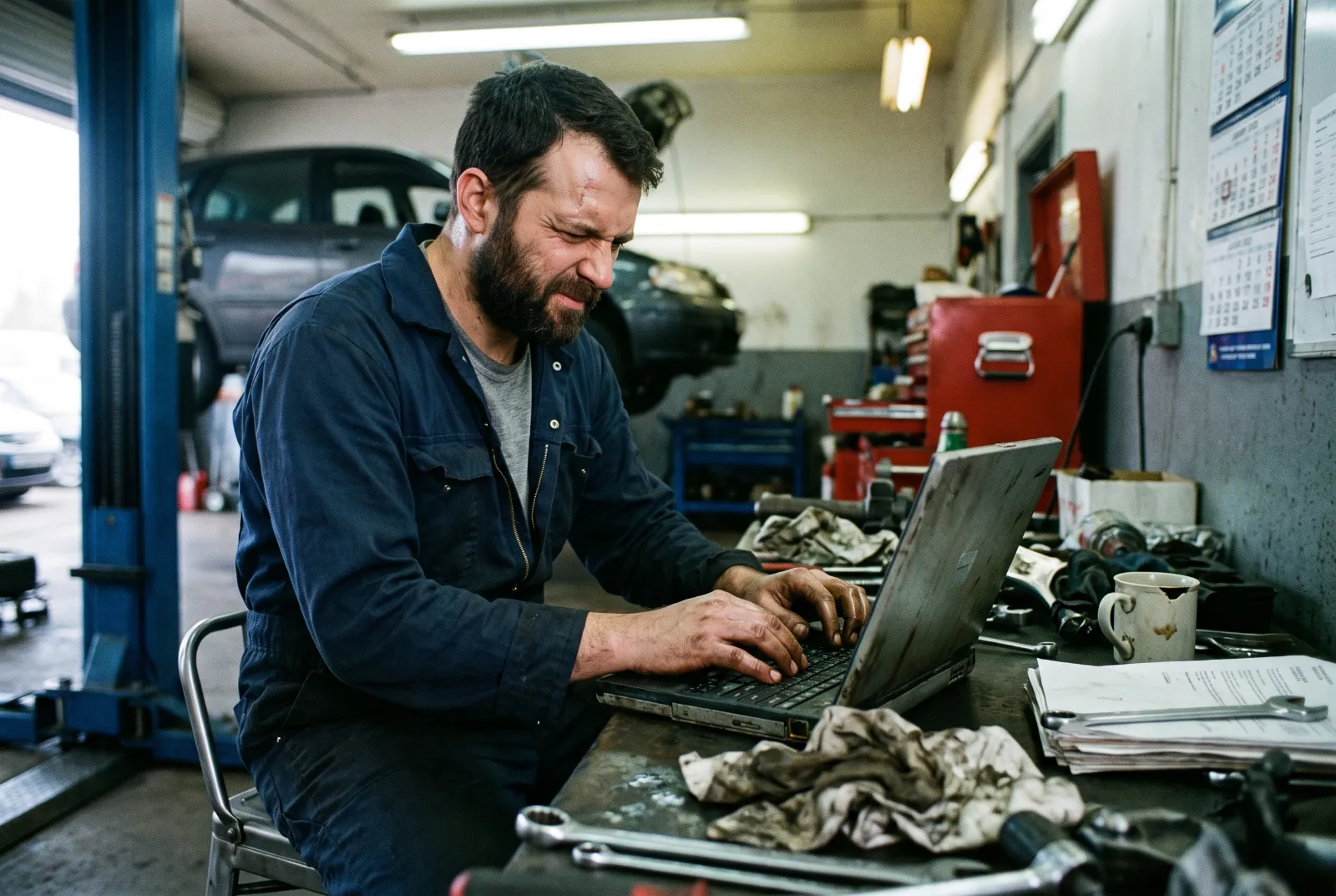Garagehouder werkt op zijn laptop in de werkplaats