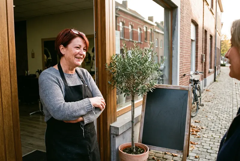 Kapster lacht in de deur van haar salon in een dorpsstraat