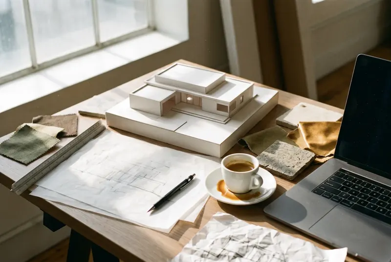Tekentafel van een architect met maquette, schetsen en materiaalstalen