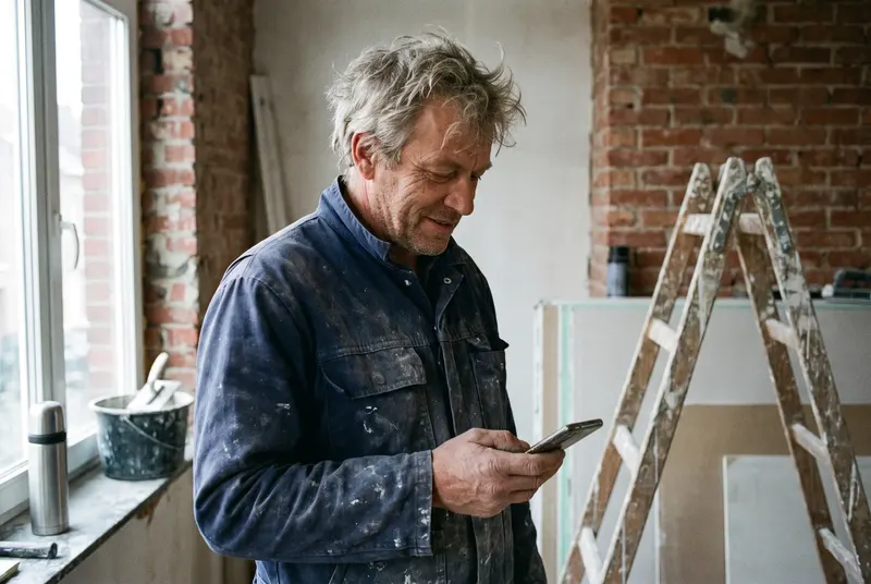 Aannemer bekijkt zijn telefoon in een huis dat gerenoveerd wordt